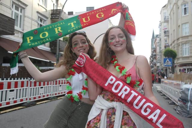 Portugal fans, pictured in Hamburg, enjoy Euro 2020. Photo by Cathrin Mueller/Getty Images