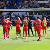 Rovers' players thank the travelling fans at Oxford for their support following confirmation of relegation to League Two. Picture: Gareth Williams/AHPIX LTD