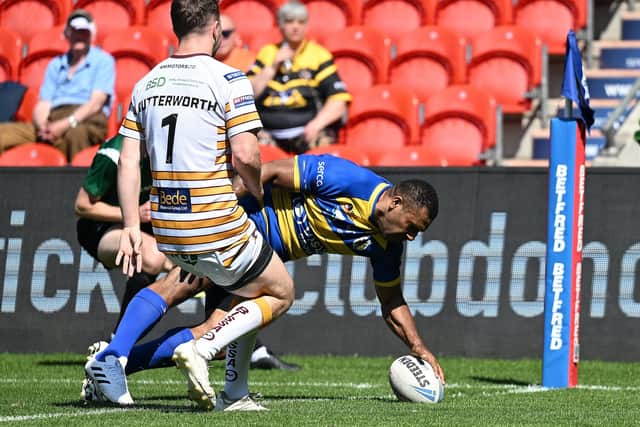 Jason Tali scores a try on his 150th appearance for the Dons. Picture: Howard Roe/AHPIX.com