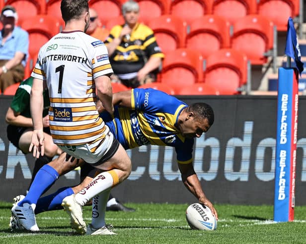 Jason Tali scores a try on his 150th appearance for the Dons. Picture: Howard Roe/AHPIX.com