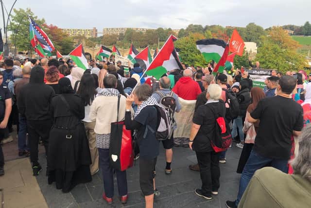 Protesters at a demonstration called by Sheffield Palestine Solidarity Campaign in support of the people of Gaza.