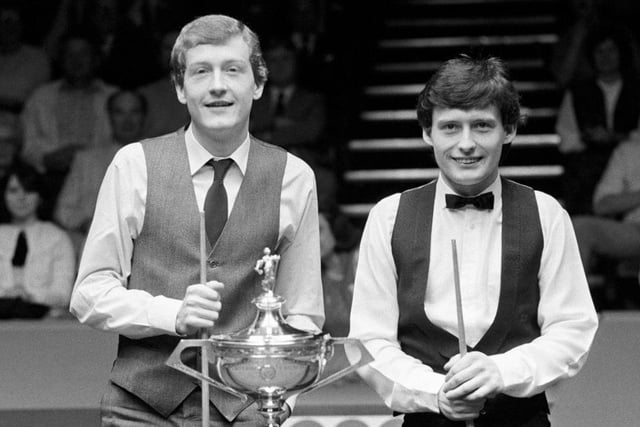 Jimmy White with Steve Davis at the Snooker World Championships at Sheffield’s Crucible Theatre in 1984.