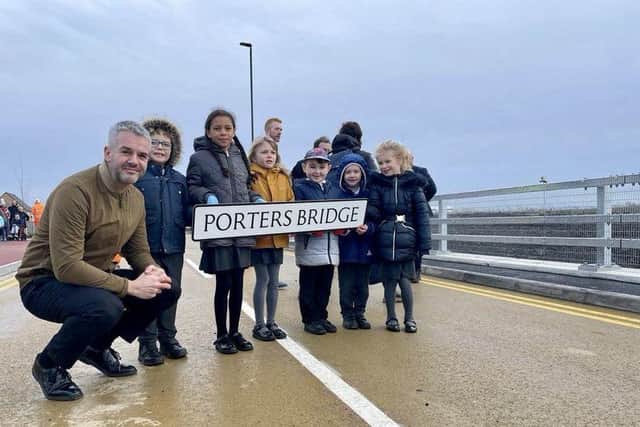 South Yorkshire Mayor Oliver Coppard at the opening of the Porter’s Bridge in Doncaster with Grange Lane Infant Academy pupils.