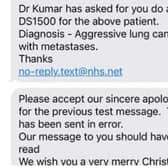 The text message sent out to patients at a Doncaster GP surgery about aggressive lung cancer.