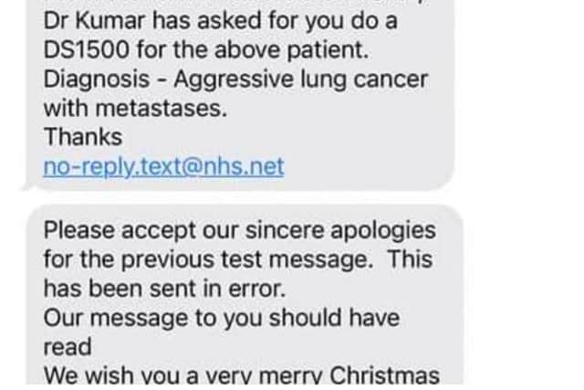 The text message sent out to patients at a Doncaster GP surgery about aggressive lung cancer.