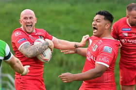 Sam Smeaton celebrates his record-breaking try. Picture: Howard Roe/AHPIX.com