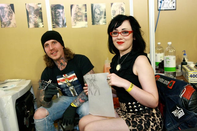 Kev Richardson and Imogen Castello from Sacred Skin in Doncaster at The Tattoo Exhibition at Doncaster Racecourse in 2010