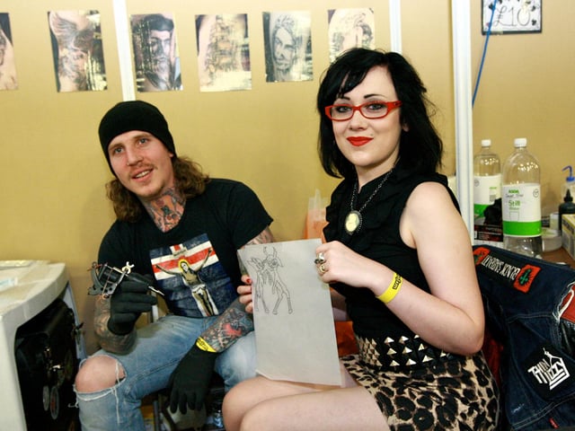 Kev Richardson and Imogen Castello from Sacred Skin in Doncaster at The Tattoo Exhibition at Doncaster Racecourse in 2010