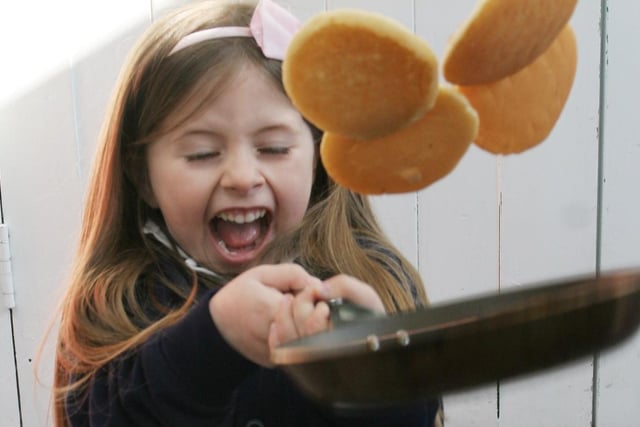 Calow Primary School pupil Olivia Titchener enjoys pancake day in 2011.