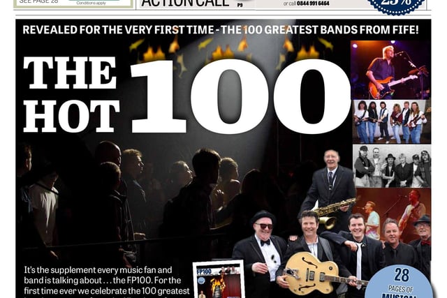 Fife Free Press - front page launching the FP100 - the 100 greatest bands ever from Fife
