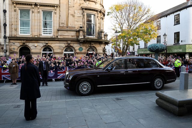 King Charles III and Camilla, Queen Consort arrive in a car at the Mansion House in Doncaster during an official visit to Yorkshire on November 9, 2022 in Doncaster, England. (Photo by Molly Darlington - WPA Pool/Getty Images)
