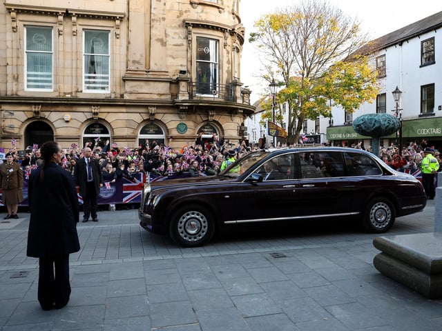 King Charles III and Camilla, Queen Consort arrive in a car at the Mansion House in Doncaster during an official visit to Yorkshire on November 9, 2022 in Doncaster, England. (Photo by Molly Darlington - WPA Pool/Getty Images)