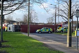 The stricken lorry toppled over at the junction of Goodison Boulevard and Cantley Lane in Doncaster. (Photo: Lance Wright).