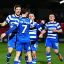 Rovers celebrate opening the scoring in the 2-2 draw at Salford. (Picture:Andrew Roe/AHPIX LTD).