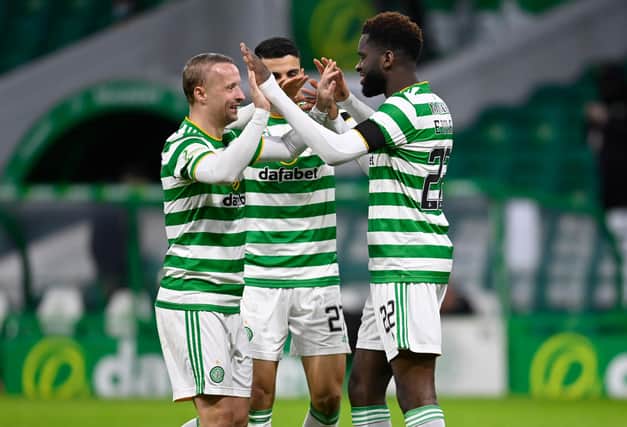 Odsonne Edouard celebrates with Leigh Griffiths after scoring to make it 2-0 to Celtic. Picture: SNS