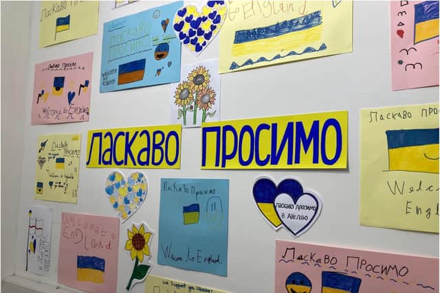 Local children have produced posters to welcome Ukraine war refugees.