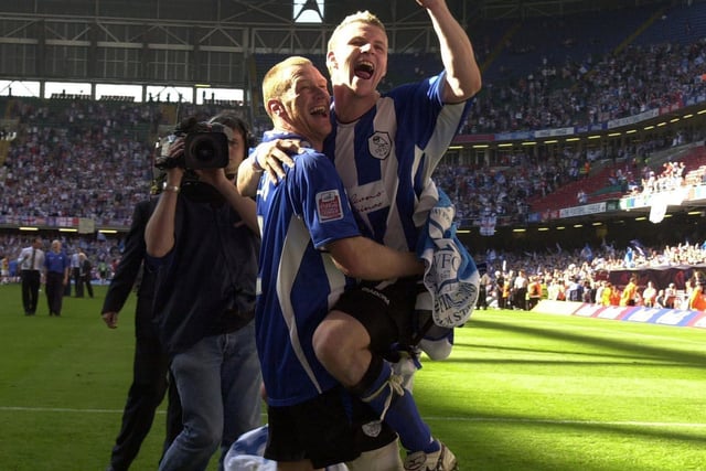 Glenn Whelan and Jon-Paul McGovern celebrate after the Owls defeated Hartlepool United 4-2 in the Coca-Cola League One play-off final at Cardiff's Millennium Stadium in May 2005.