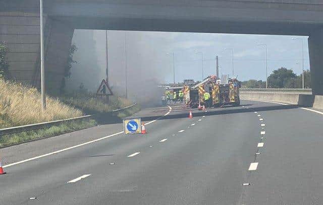 A lorry fire on the M180 motorway near Thorne, Doncaster (pic: Highways England)