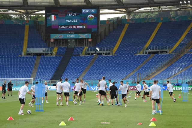 Wales train at the Olimpico Stadium in Rome ahead of their clash with Italy. Photo by Mike Hewitt/Getty Images