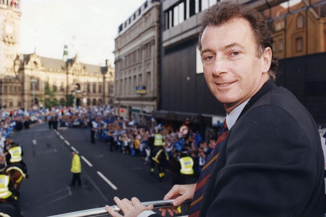 Wednesdayites line the streets of Sheffield as Trevor Francis and his Owls side embark on an open top bus parade around the city following their FA Cup final defeat to Arsenal in May 1993.