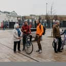 Ed Clancy and Chris Boardman visited Doncaster to promote cycling and met up with South Yorkshire mayor Oliver Coppard at Doncaster railway station.