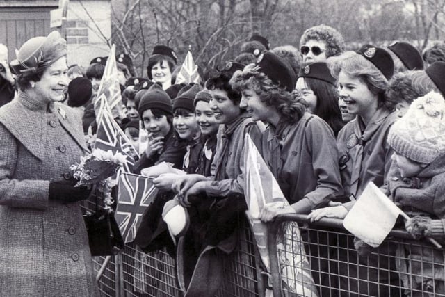 The Queen meets guides and brownies during her visit to Derbyshire in 1985.