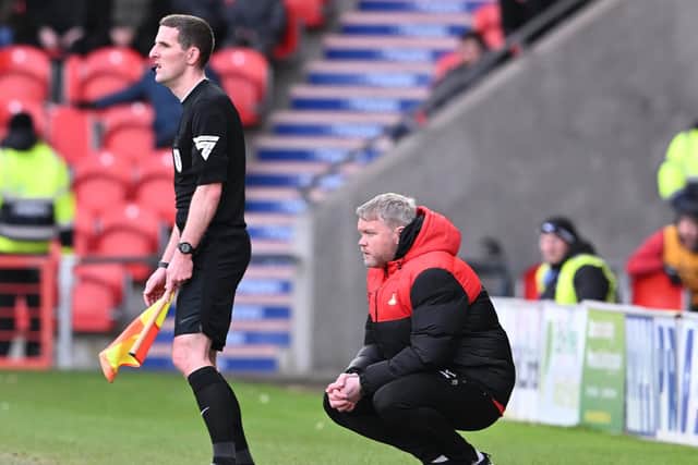 Doncaster boss Grant McCann shows his frustration against Stockport. (Picture Howard Roe/AHPIX LTD)