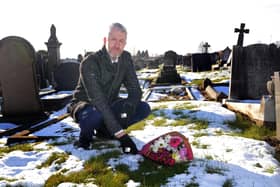 Matthew Delaney, Great Grandson of Joe, pictured by the unmarked grave at Hyde Park Cemetery. Picture: NDFP-09-02-21-Duddington 1-NMSY