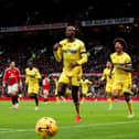 Jean-Philippe Mateta celebrates one of his two goals at Old Trafford earlier this month. (Photo by Carl Recine/Getty Images)