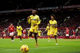 Jean-Philippe Mateta celebrates one of his two goals at Old Trafford earlier this month. (Photo by Carl Recine/Getty Images)