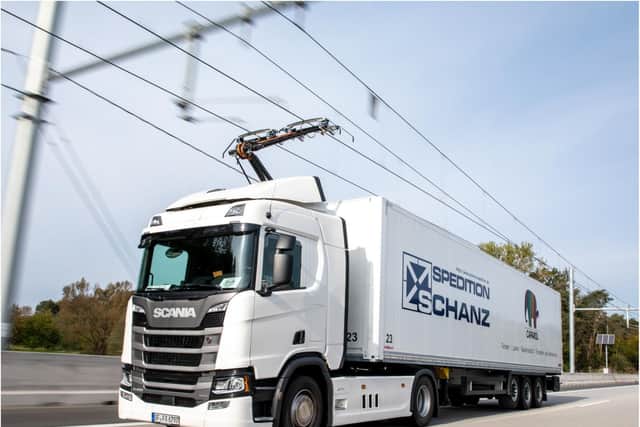 Lorries powered by overhead cables could soon be running on motorways near Doncaster. (Photo: Siemens AG).