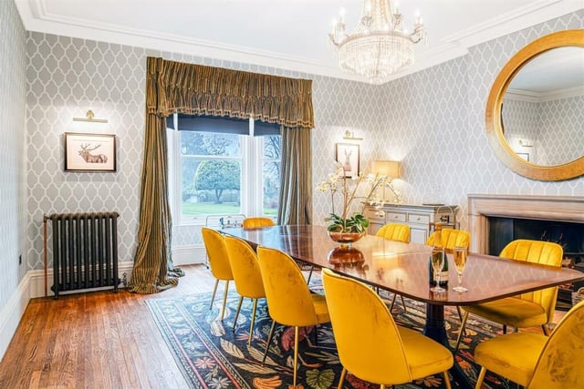 The formal dining room with garden views.