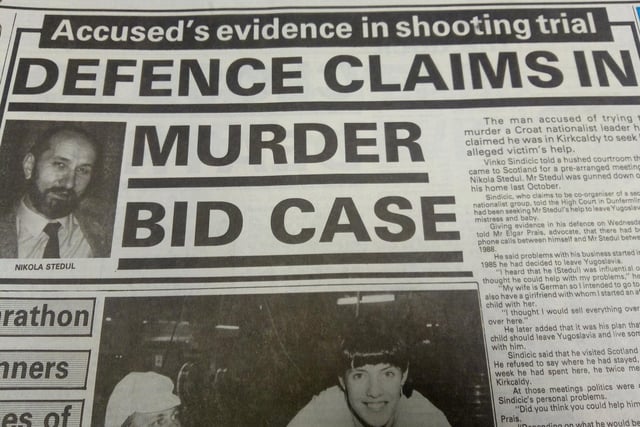 Front page of the Fife Free Press from April 28, 1989 - the shooting of Nikola Stedul  and the dramatic trial of hitman, Vinko Sindicic