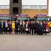 Firefighters and dignitaries welcome the new fire engines to South Yorkshire
