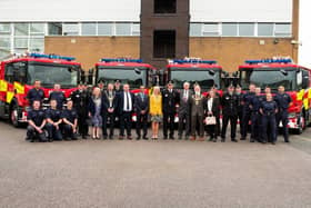 Firefighters and dignitaries welcome the new fire engines to South Yorkshire