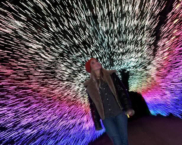 TV presenter Helen Skelton explores the light tunnel.