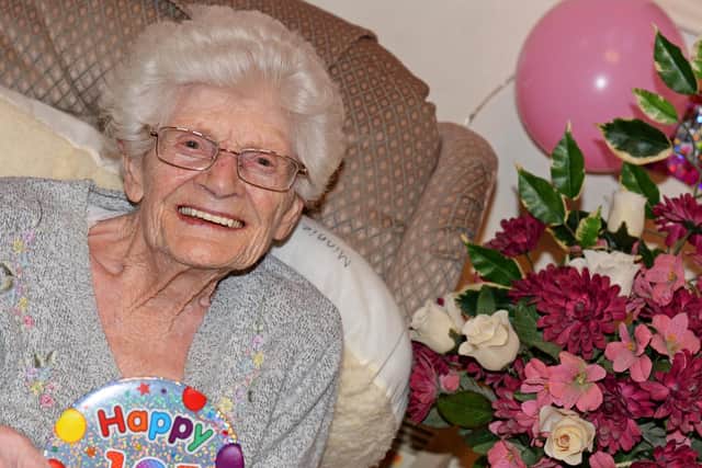 Minnie Liddle, pictured celebrating her 105th birthday. Picture: NDFP-11-12-18-Liddle105-4