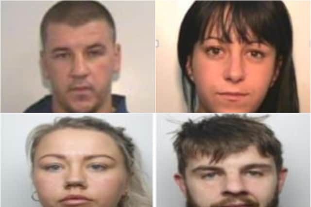 Prison officer Rio Moran (bottom left) was part of a gang caught smuggling drugs into Doncaster prison. Also found guilty were, from top left, James Millington, Claire Anderson and Callum Reilly.