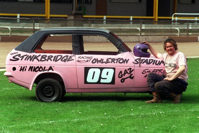 Andy Holmes, with his Reliant Robin for race-day back in 1999