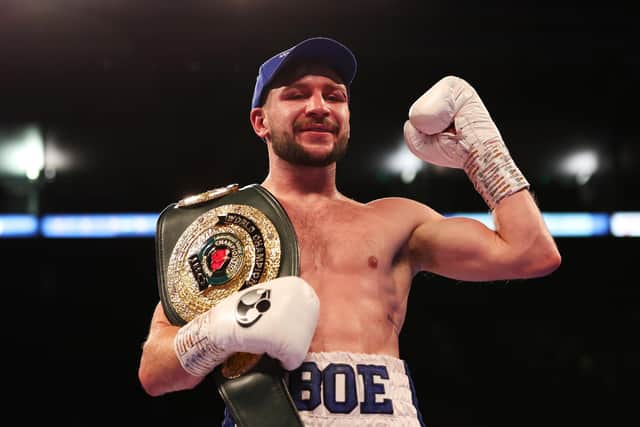 NOTTINGHAM, ENGLAND - SEPTEMBER 24: Maxi Hughes celebrates with the IBO World Lightweight belt after defeating Kid Galahad in the IBO World Lightweight title fight between Maxi Hughes and Kid Galahad at Motorpoint Arena Nottingham on September 24, 2022 in Nottingham, England. (Photo by Nathan Stirk/Getty Images)