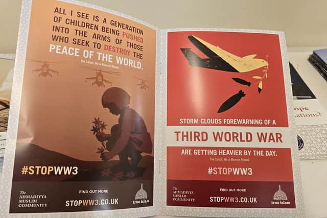 The Stop World War Three display in on show at the Baitul Baseer Mosque in Doncaster,