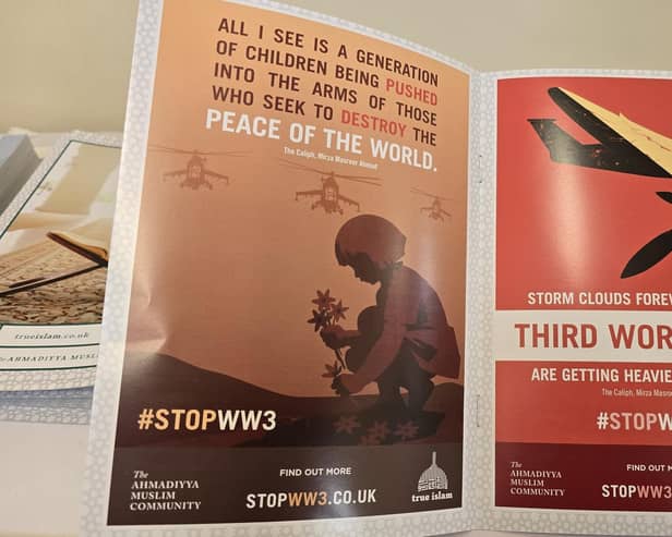The Stop World War Three display in on show at the Baitul Baseer Mosque in Doncaster,