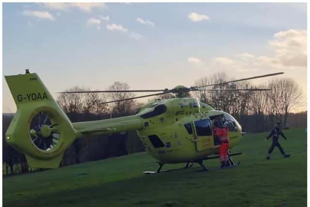 The Yorkshire Air Ambulance landed at Cusworth Hall. Photo/video: @mrlukeprice/Twitter)