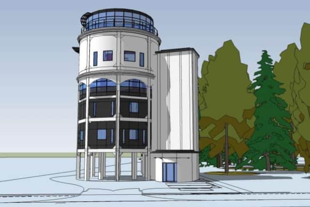 An artist's impression of the exterior of the planned five storey home within a current water tower