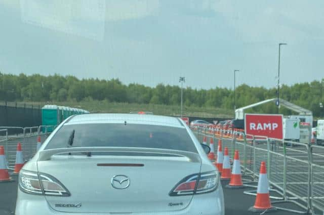 Cars queueing at the Doncaster Covid 19 testing centre