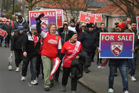 Morecambe fans holding a demonstration ahead of a recent home game.
