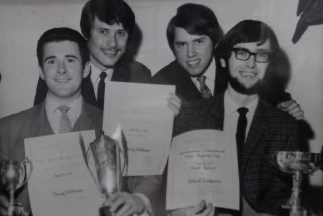 Derek Williams, second from left, after winning the Doncaster Memorial Trophy in 1971. He had cut the hair of the model pictured on the left