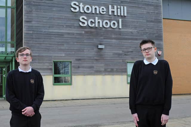 Upset students Callum-Lea Willott, 15 and Taylor Coleman, 15, pictured outside Stone Hill School. Picture: NDFP-09-03-21-StolenBikes 2-NMSY