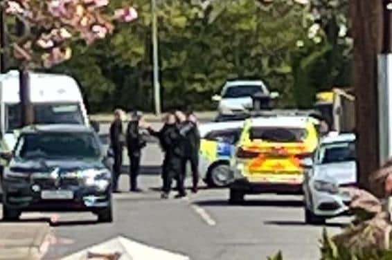 Pictured are police at Cantley, Doncaster, after they had been called-out following reports of a shooting on May 6, 2021.