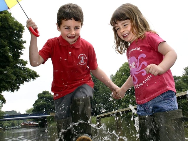 In 2007 the River Don and the canal merged into one at Sprotbrough Falls thanks to heavy rain. Our picture shows Oliver and Lucy Cawood, aged five, and three, splashing about on the footpath alongside the canal.